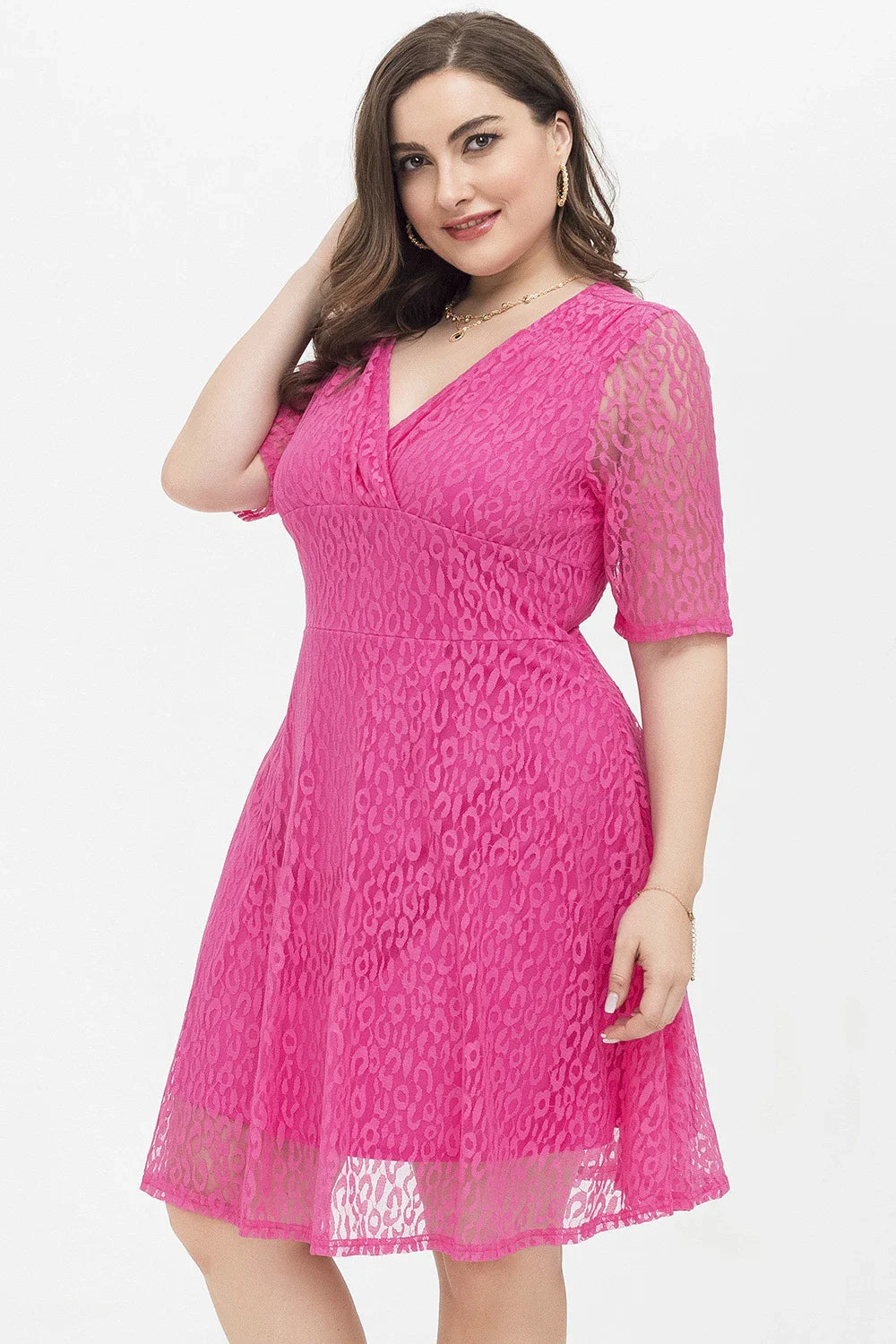 Casual waist-tight v-neck lace dress in rose red colour, featuring A-line silhouette and figure-flattering design