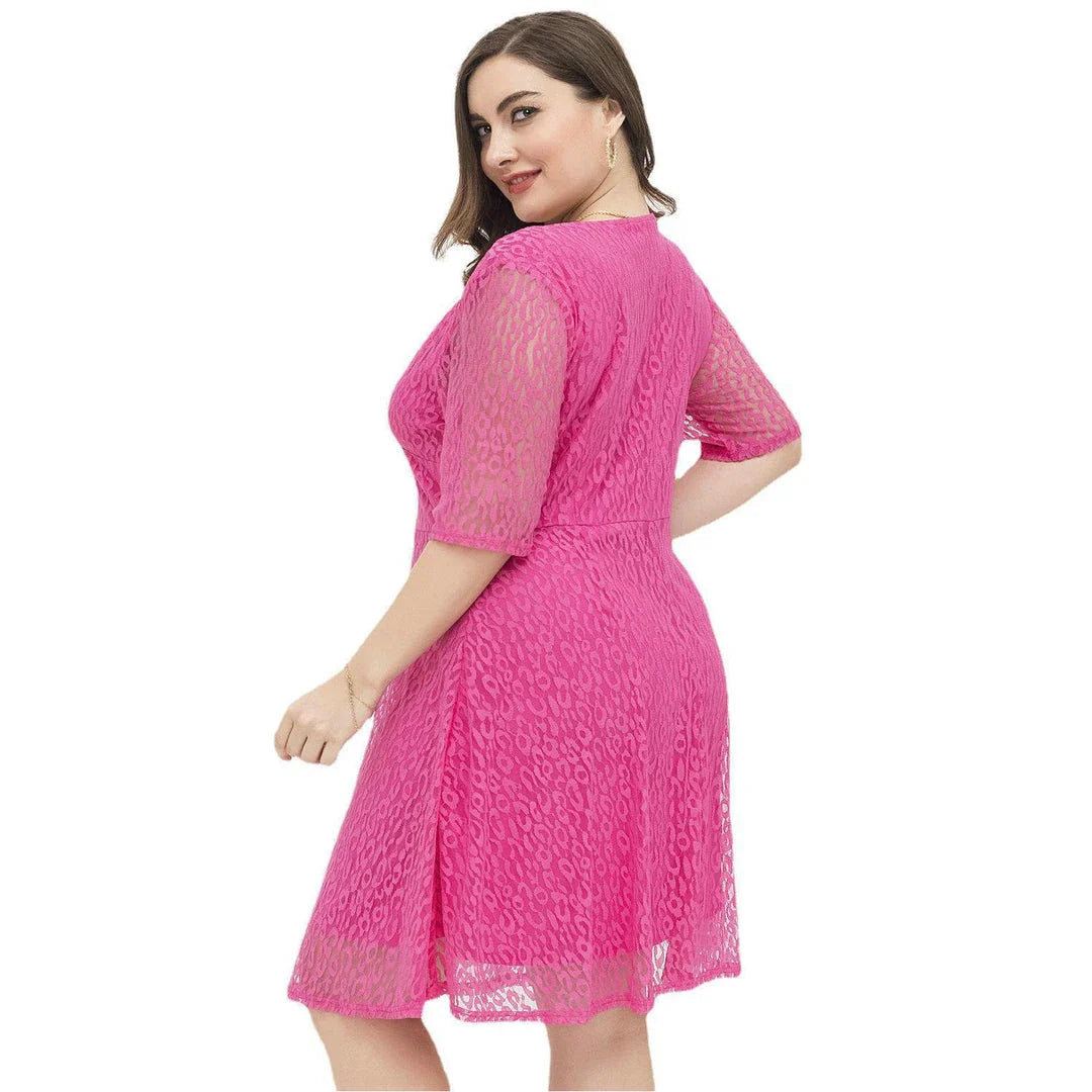 Casual waist-tight v-neck lace dress in rose red colour, featuring A-line silhouette and figure-flattering design