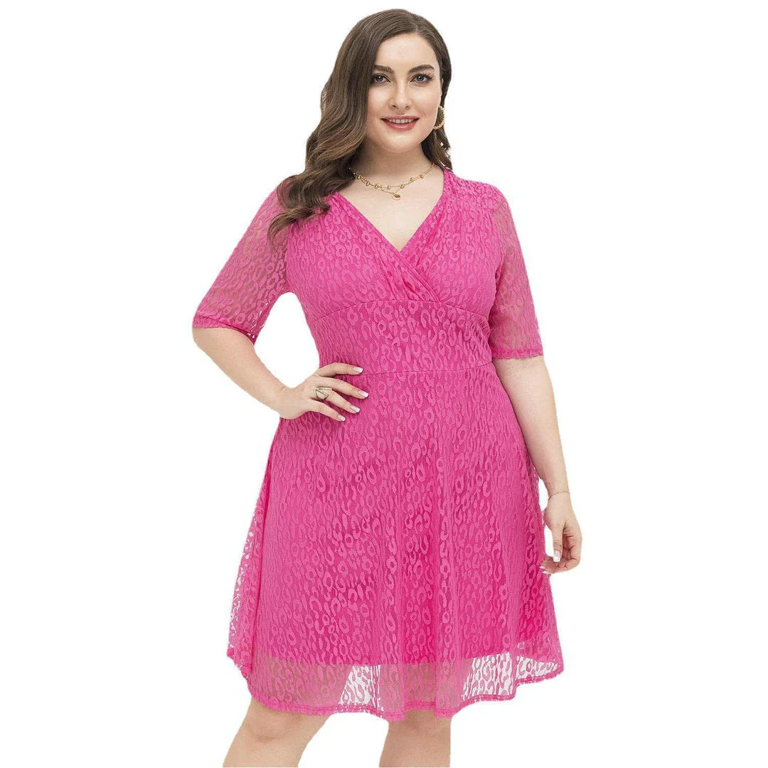 Casual waist-tight v-neck lace dress in rose red colour, featuring A-line silhouette and figure-flattering design