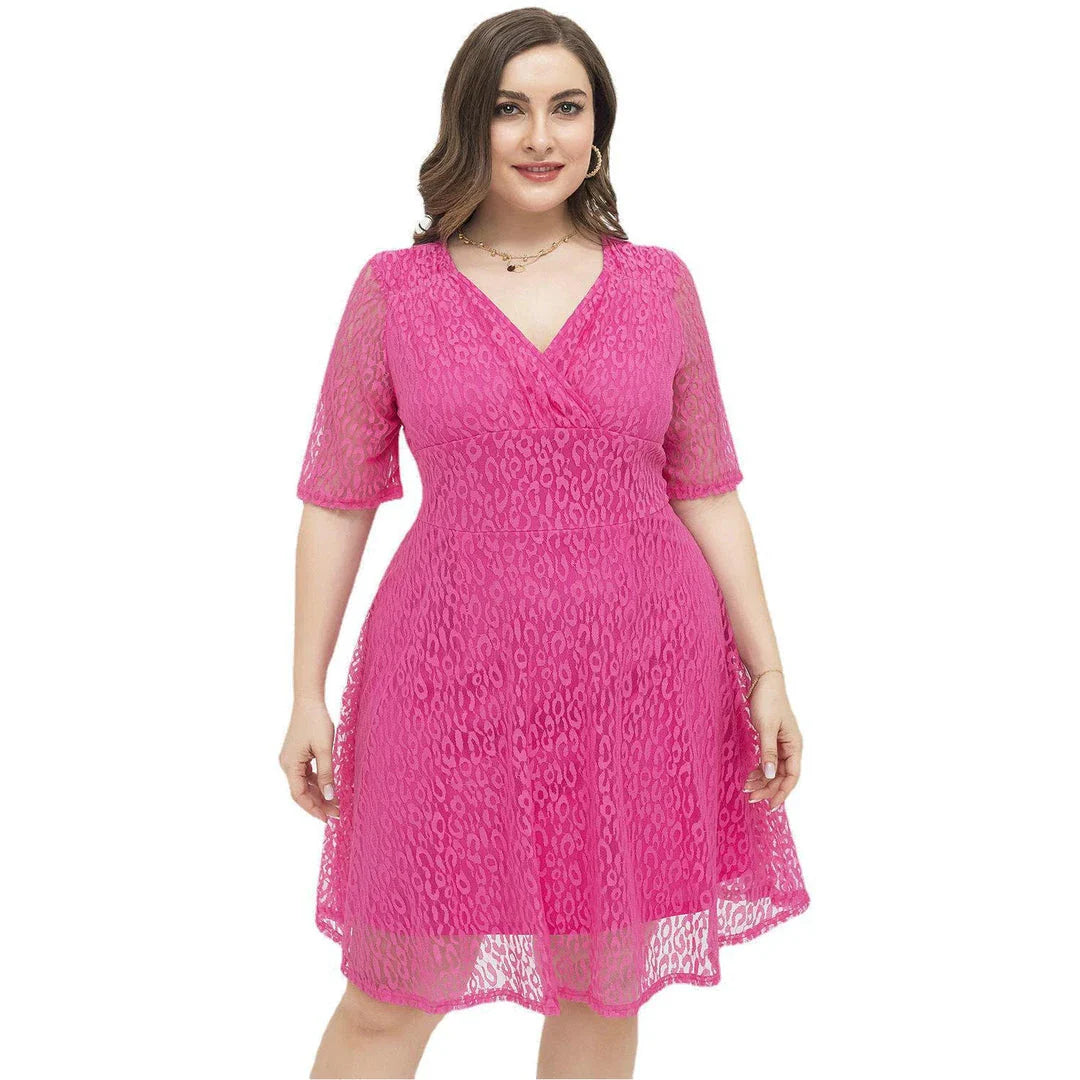 Casual waist-tight v-neck lace dress in rose red colour, featuring A-line silhouette and figure-flattering design