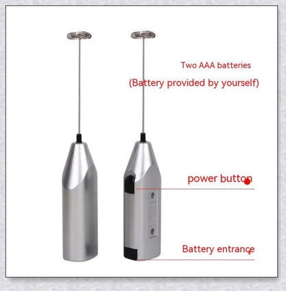 A compact, stainless steel milk frother with a modern, minimalist design, perfect for creating rich, velvety milk foam for coffee and tea drinks.