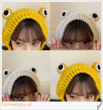 A cosy and stylish woollen hat featuring a charming cartoon frog design with big, expressive eyes