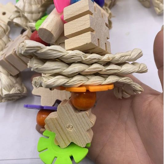 A premium wooden parrot gnawing toy for bird enrichment and entertainment