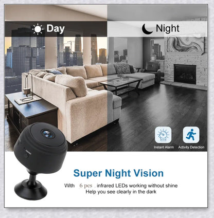 Wireless security camera with night vision and microphone, compact aluminium alloy design for discreet home or office surveillance