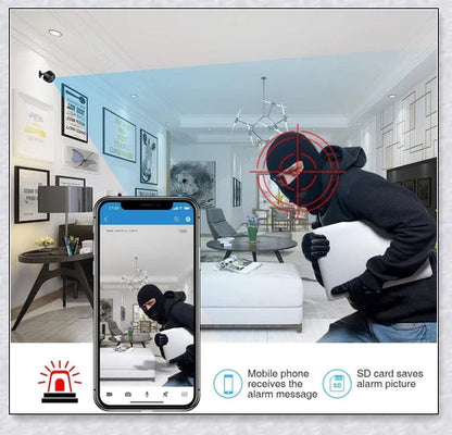 Wireless security camera with night vision and microphone, compact aluminium alloy design for discreet home or office surveillance