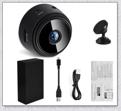 Wireless security camera with night vision and microphone, compact aluminium alloy design for discreet home or office surveillance