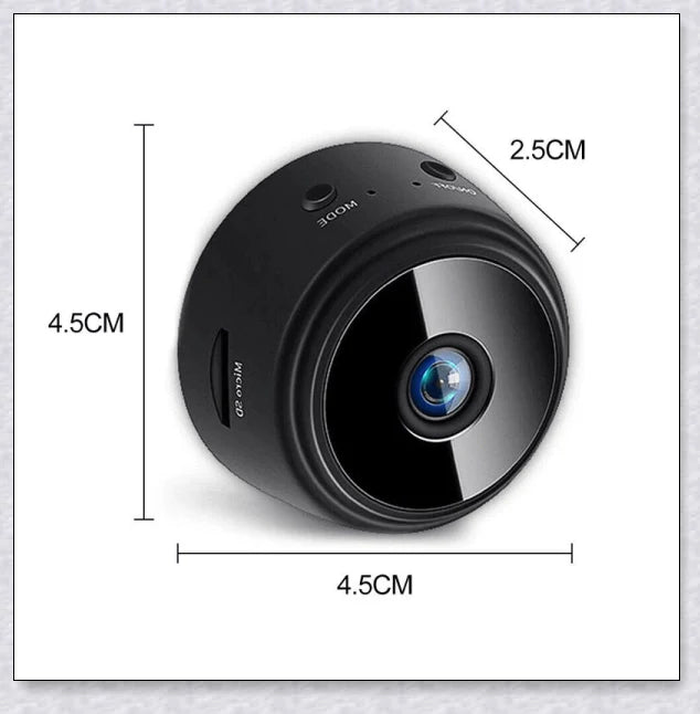 Wireless security camera with night vision and microphone, compact aluminium alloy design for discreet home or office surveillance