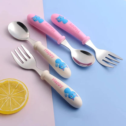 Charming cartoon stainless steel toddler cutlery set with engaging designs and ergonomic shape for easy grip