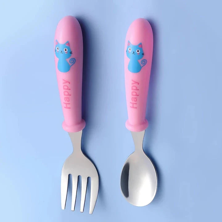 Charming cartoon stainless steel toddler cutlery set with engaging designs and ergonomic shape for easy grip