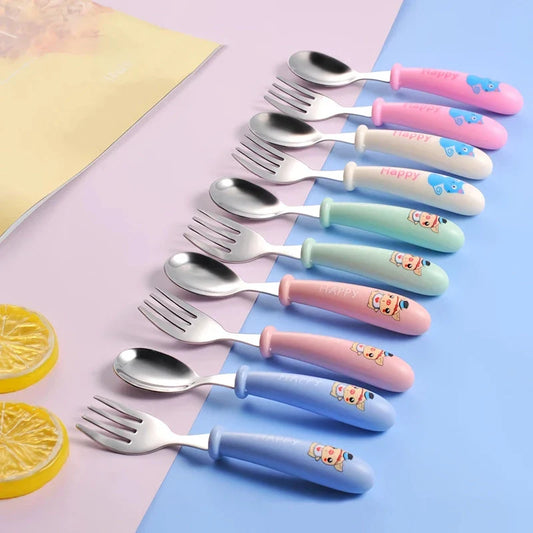 Charming cartoon stainless steel toddler cutlery set with engaging designs and ergonomic shape for easy grip