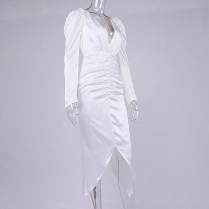 New Women's Sexy V-neck Pleated Puff Sleeve Dress in White and Black colours