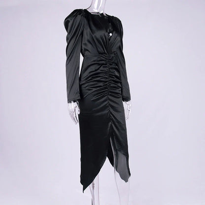 New Women's Sexy V-neck Pleated Puff Sleeve Dress in White and Black colours