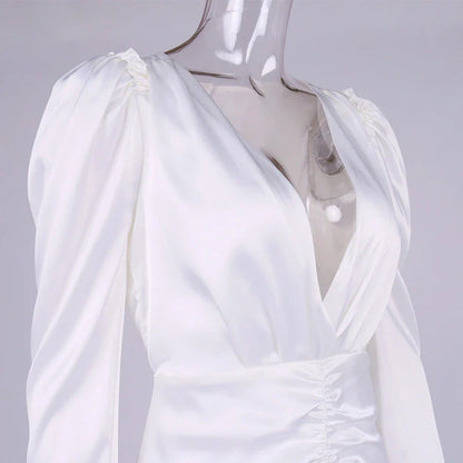 New Women's Sexy V-neck Pleated Puff Sleeve Dress in White and Black colours