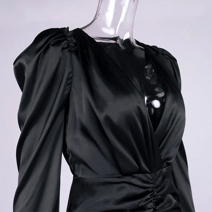 New Women's Sexy V-neck Pleated Puff Sleeve Dress in White and Black colours