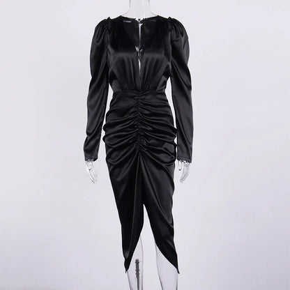 New Women's Sexy V-neck Pleated Puff Sleeve Dress in White and Black colours