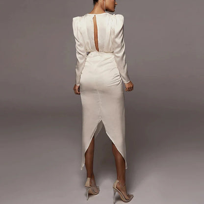 New Women's Sexy V-neck Pleated Puff Sleeve Dress in White and Black colours