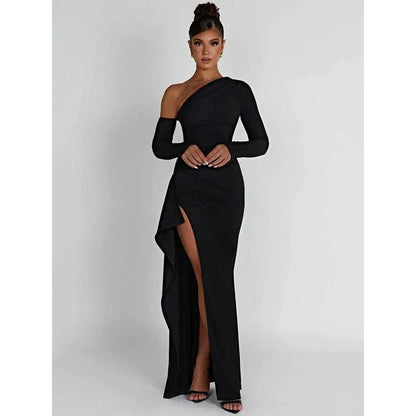 Elegant wine red maxi dress with oblique shoulder design, thigh-high split, and backless feature for sophisticated evening wear