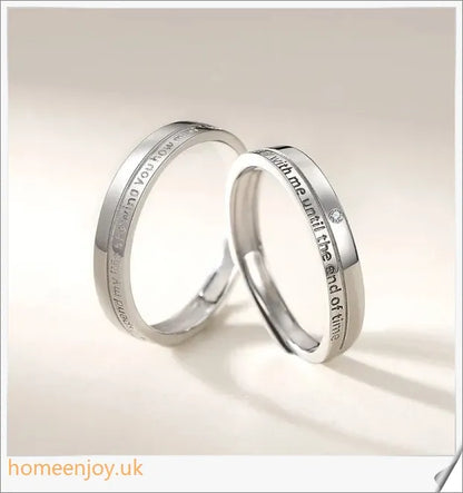 A pair of adjustable Oath Couple Rings made from S925 sterling silver and adorned with zircon stones, in a classic white gold plating.