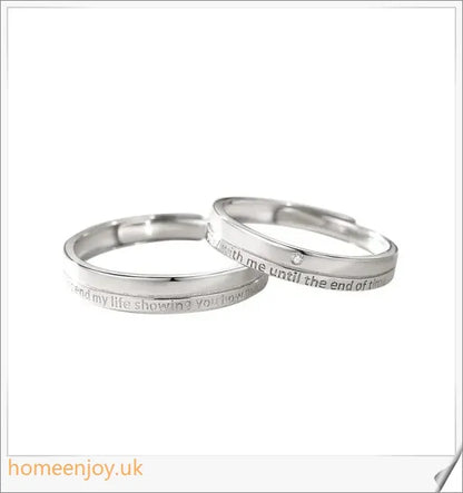 A pair of adjustable Oath Couple Rings made from S925 sterling silver and adorned with zircon stones, in a classic white gold plating.