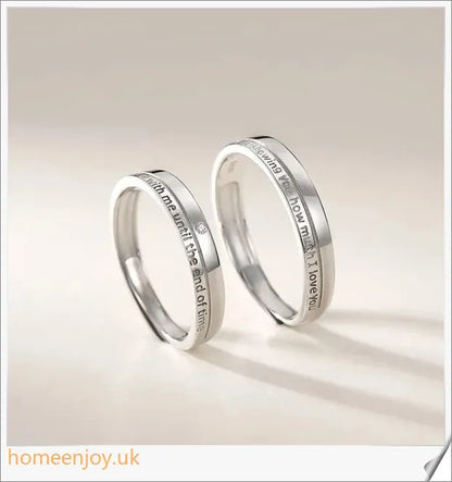 A pair of adjustable Oath Couple Rings made from S925 sterling silver and adorned with zircon stones, in a classic white gold plating.