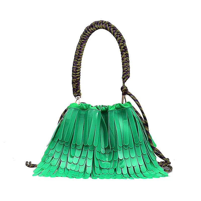 A stylish, jelly-like shoulder messenger bag in a vibrant green colour, featuring a sleek horizontal square shape and a convenient withdraw opening.