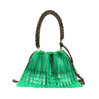 A stylish, jelly-like shoulder messenger bag in a vibrant green colour, featuring a sleek horizontal square shape and a convenient withdraw opening.