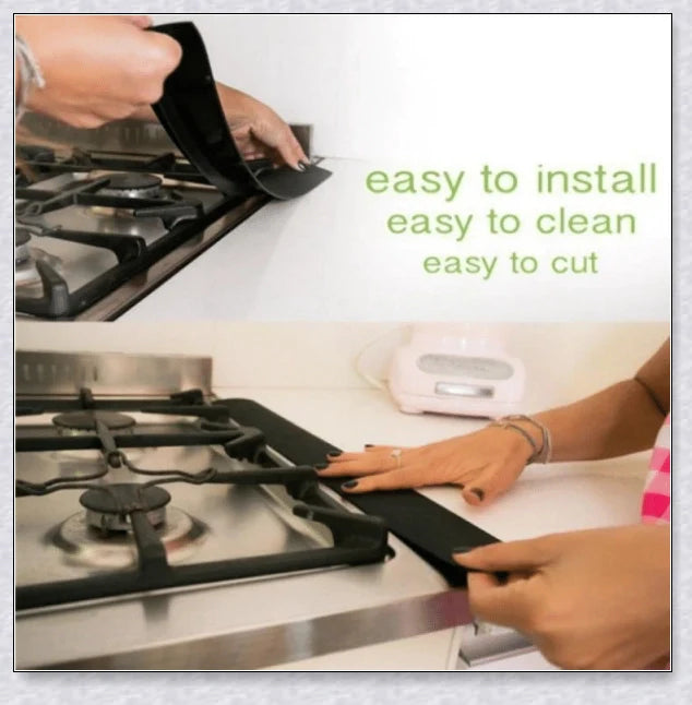 Silicone stove counter gap covers in various colors to prevent small items and spills from falling into cracks between stove and kitchen counter.