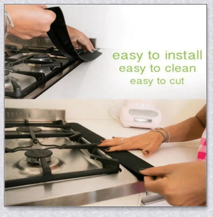 Silicone stove counter gap covers in various colors to prevent small items and spills from falling into cracks between stove and kitchen counter.