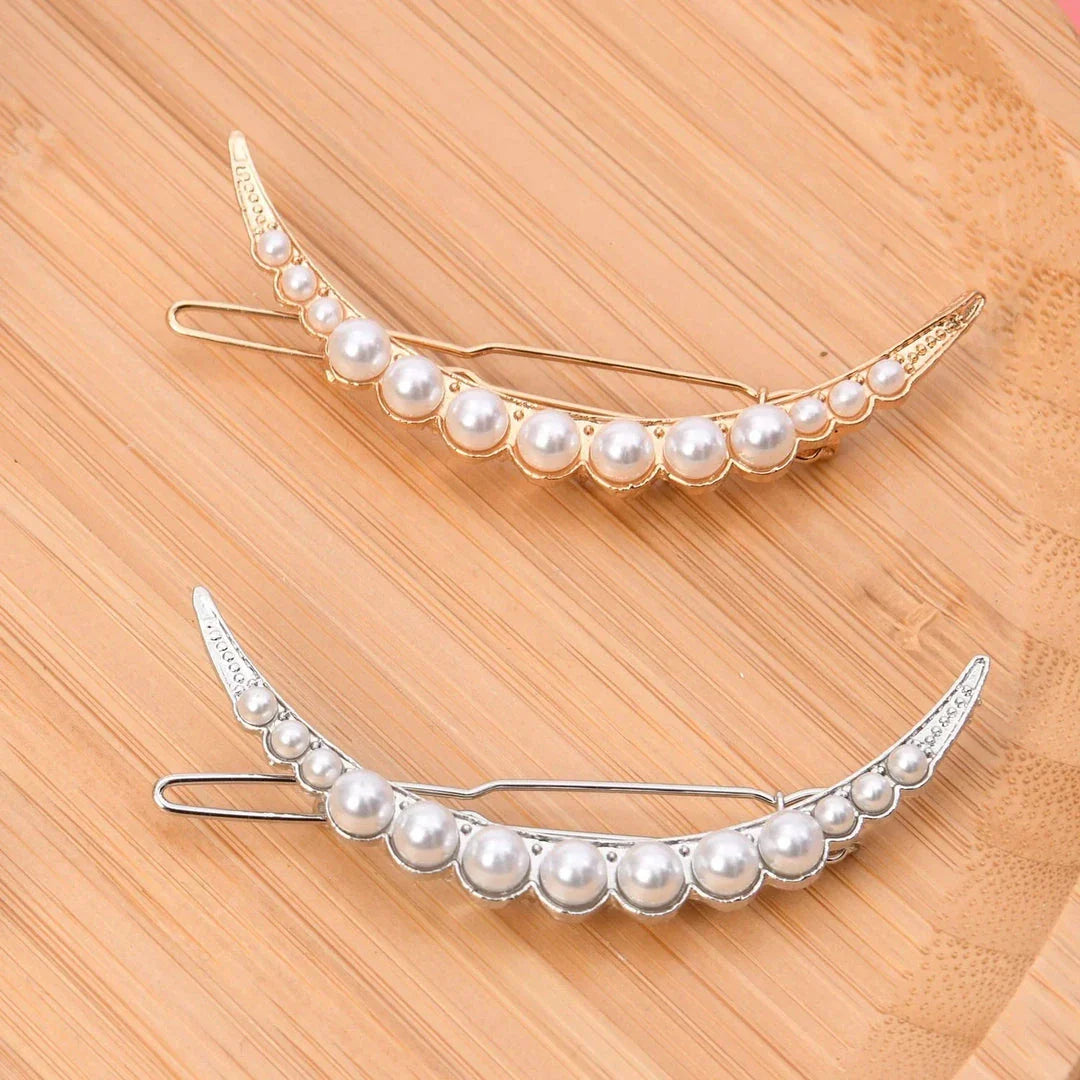 Elegant pearl and geometric hairpins in silver round design, perfect for adding sophistication to hairstyles