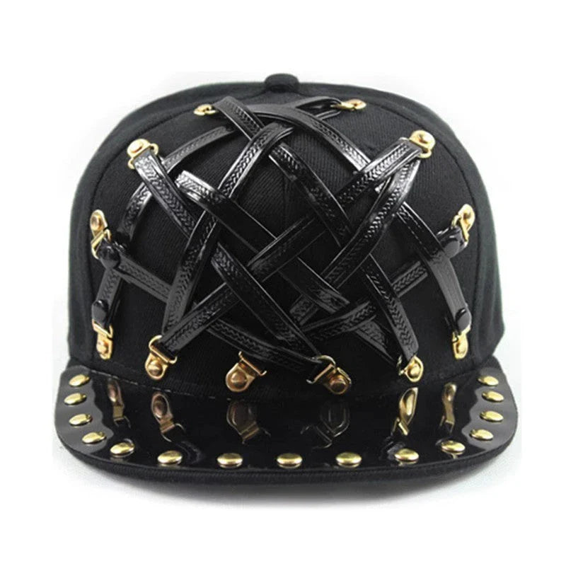 European and American-inspired punk T-shaped leather cap with a flat brim, adjustable sizing, and a range of bold colour options