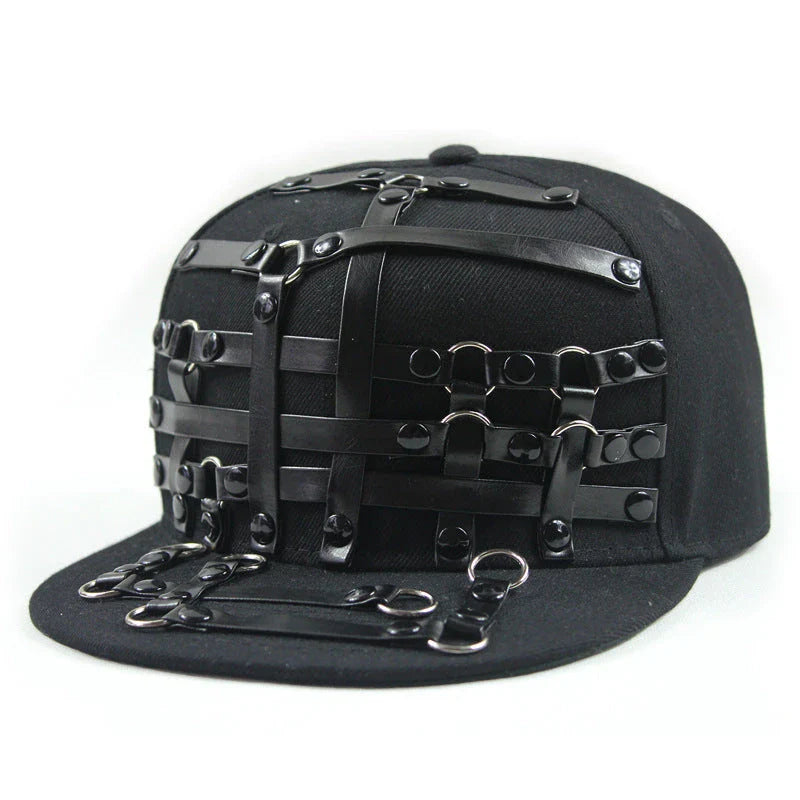 European and American-inspired punk T-shaped leather cap with a flat brim, adjustable sizing, and a range of bold colour options