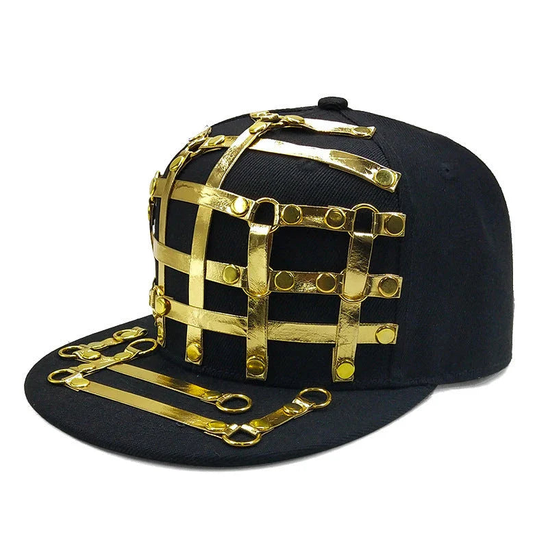European and American-inspired punk T-shaped leather cap with a flat brim, adjustable sizing, and a range of bold colour options