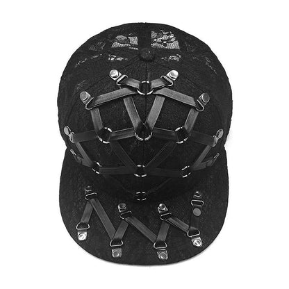 European and American-inspired punk T-shaped leather cap with a flat brim, adjustable sizing, and a range of bold colour options