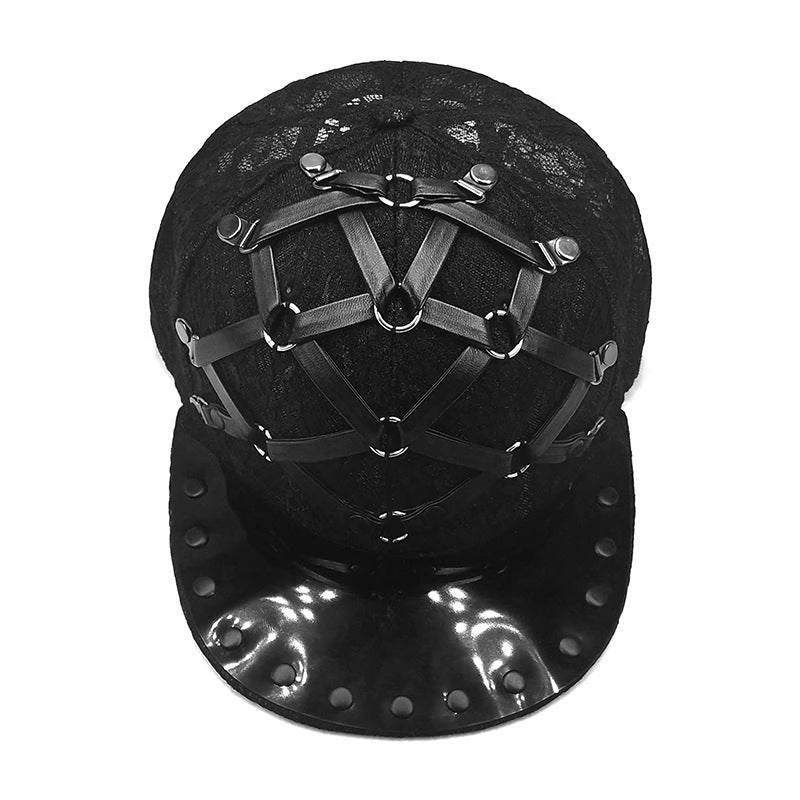 European and American-inspired punk T-shaped leather cap with a flat brim, adjustable sizing, and a range of bold colour options