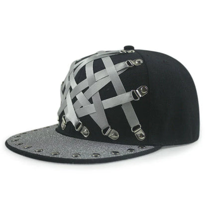 European and American-inspired punk T-shaped leather cap with a flat brim, adjustable sizing, and a range of bold colour options