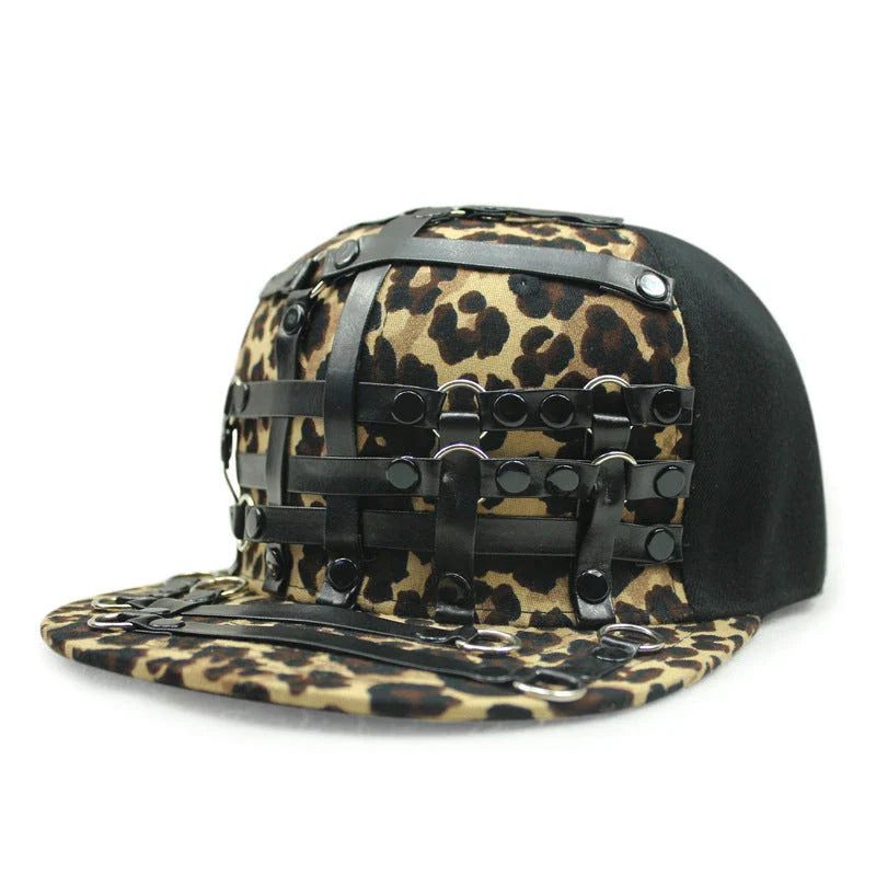 European and American-inspired punk T-shaped leather cap with a flat brim, adjustable sizing, and a range of bold colour options