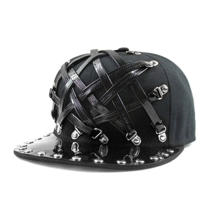 European and American-inspired punk T-shaped leather cap with a flat brim, adjustable sizing, and a range of bold colour options
