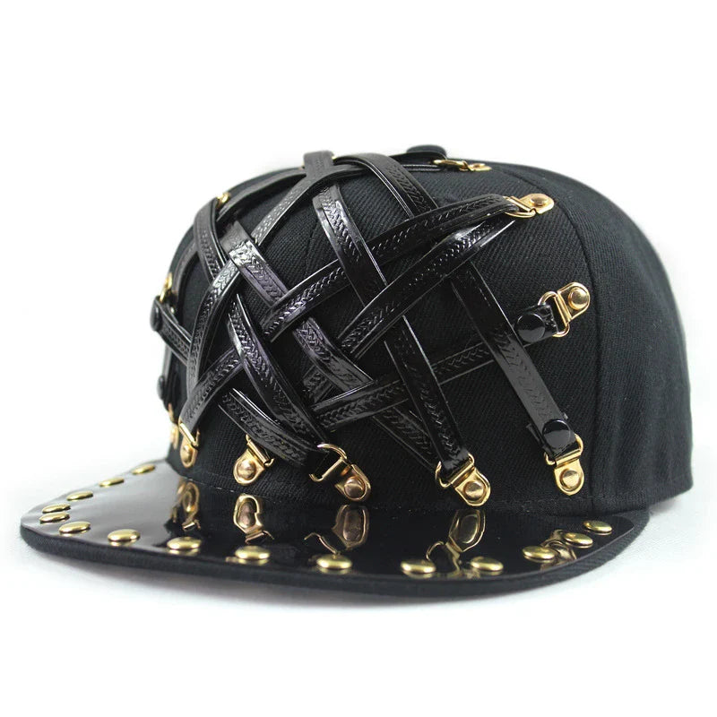 European and American-inspired punk T-shaped leather cap with a flat brim, adjustable sizing, and a range of bold colour options