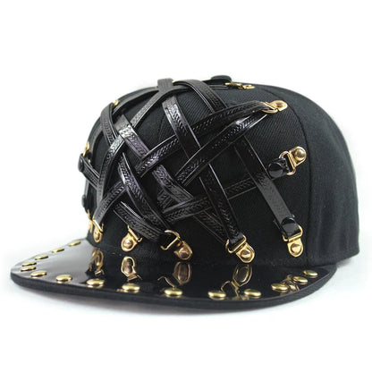 European and American-inspired punk T-shaped leather cap with a flat brim, adjustable sizing, and a range of bold colour options