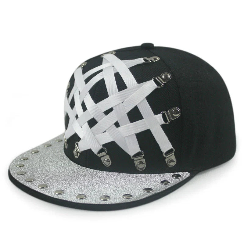 European and American-inspired punk T-shaped leather cap with a flat brim, adjustable sizing, and a range of bold colour options