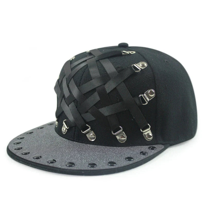 European and American-inspired punk T-shaped leather cap with a flat brim, adjustable sizing, and a range of bold colour options