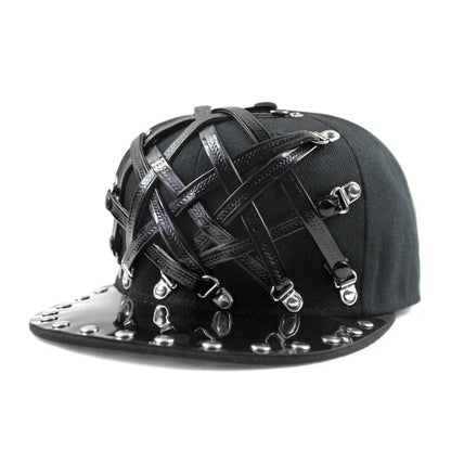 European and American-inspired punk T-shaped leather cap with a flat brim, adjustable sizing, and a range of bold colour options