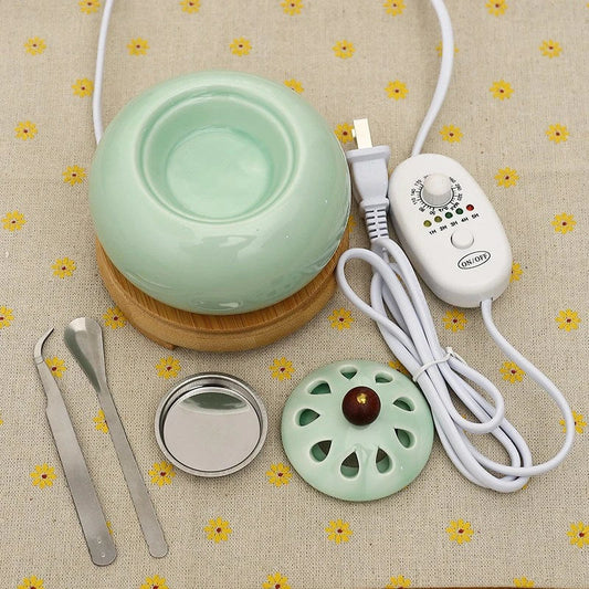 A ceramic electric incense burner with adjustable temperature and timing features, allowing for customised aromatherapy in the home.