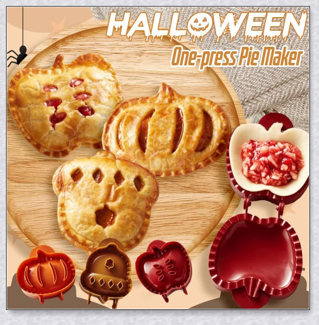Halloween-themed one-press hand pie maker with pumpkin, circle, and acorn shaped molds for easy homemade pastry creation