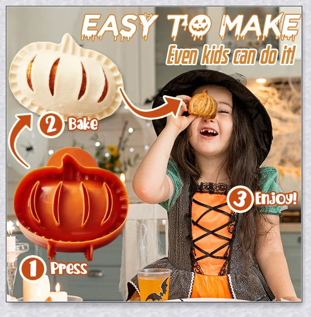 Halloween-themed one-press hand pie maker with pumpkin, circle, and acorn shaped molds for easy homemade pastry creation