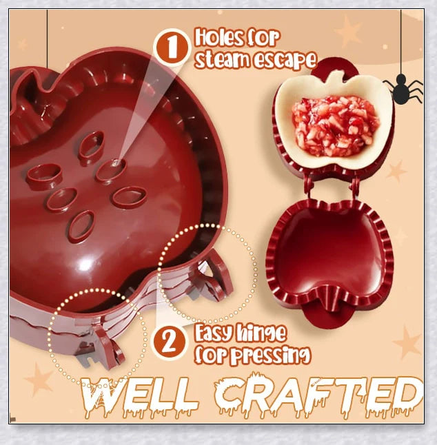 Halloween-themed one-press hand pie maker with pumpkin, circle, and acorn shaped molds for easy homemade pastry creation