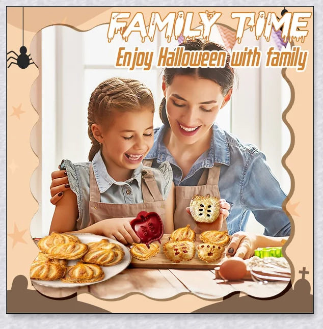 Halloween-themed one-press hand pie maker with pumpkin, circle, and acorn shaped molds for easy homemade pastry creation