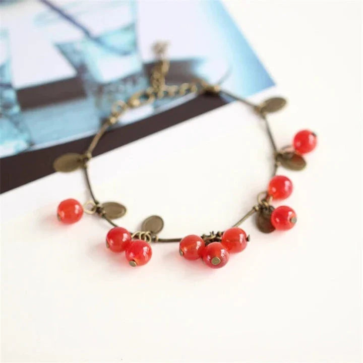 Boho Vintage Cherry Coin Bangle for Girls - Durable Acrylic and Zinc Alloy Construction with Adjustable Fit