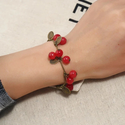 Boho Vintage Cherry Coin Bangle for Girls - Durable Acrylic and Zinc Alloy Construction with Adjustable Fit
