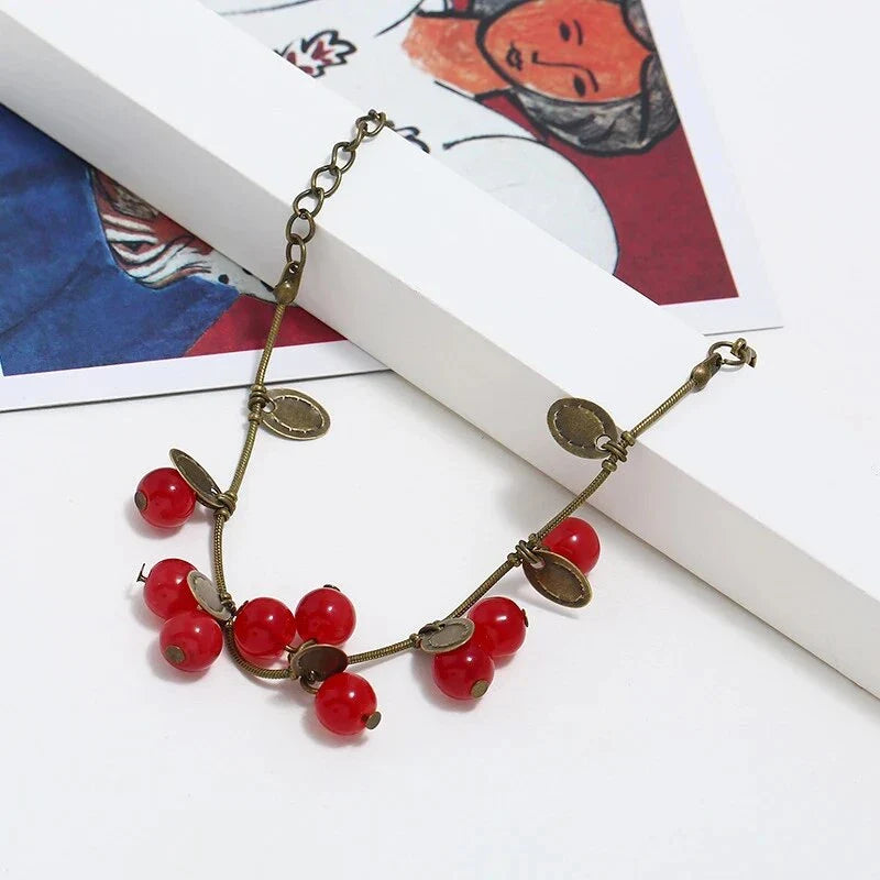 Boho Vintage Cherry Coin Bangle for Girls - Durable Acrylic and Zinc Alloy Construction with Adjustable Fit